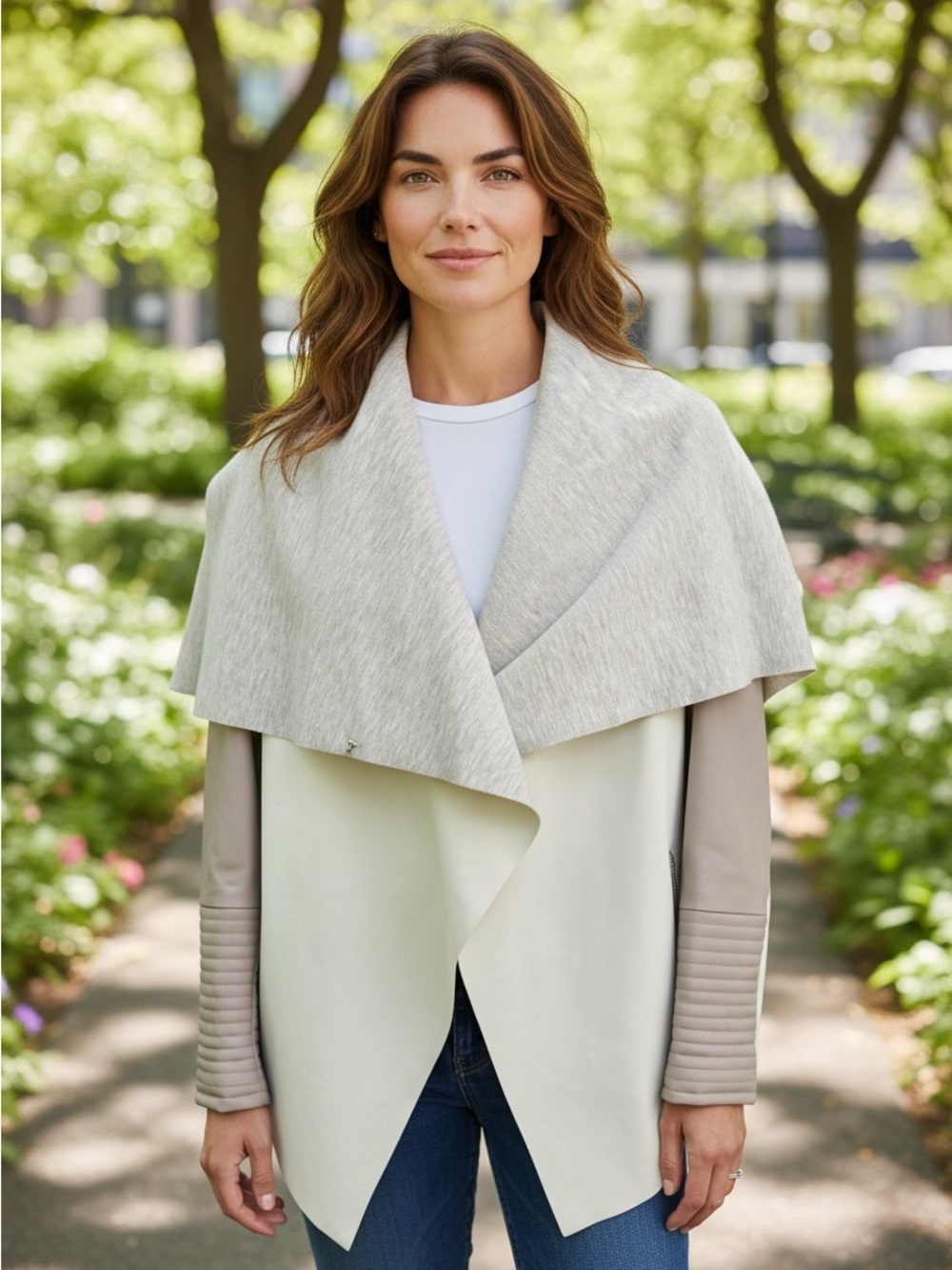 RUDSAK Light Gray and Cream Open-Front Draped Poncho
